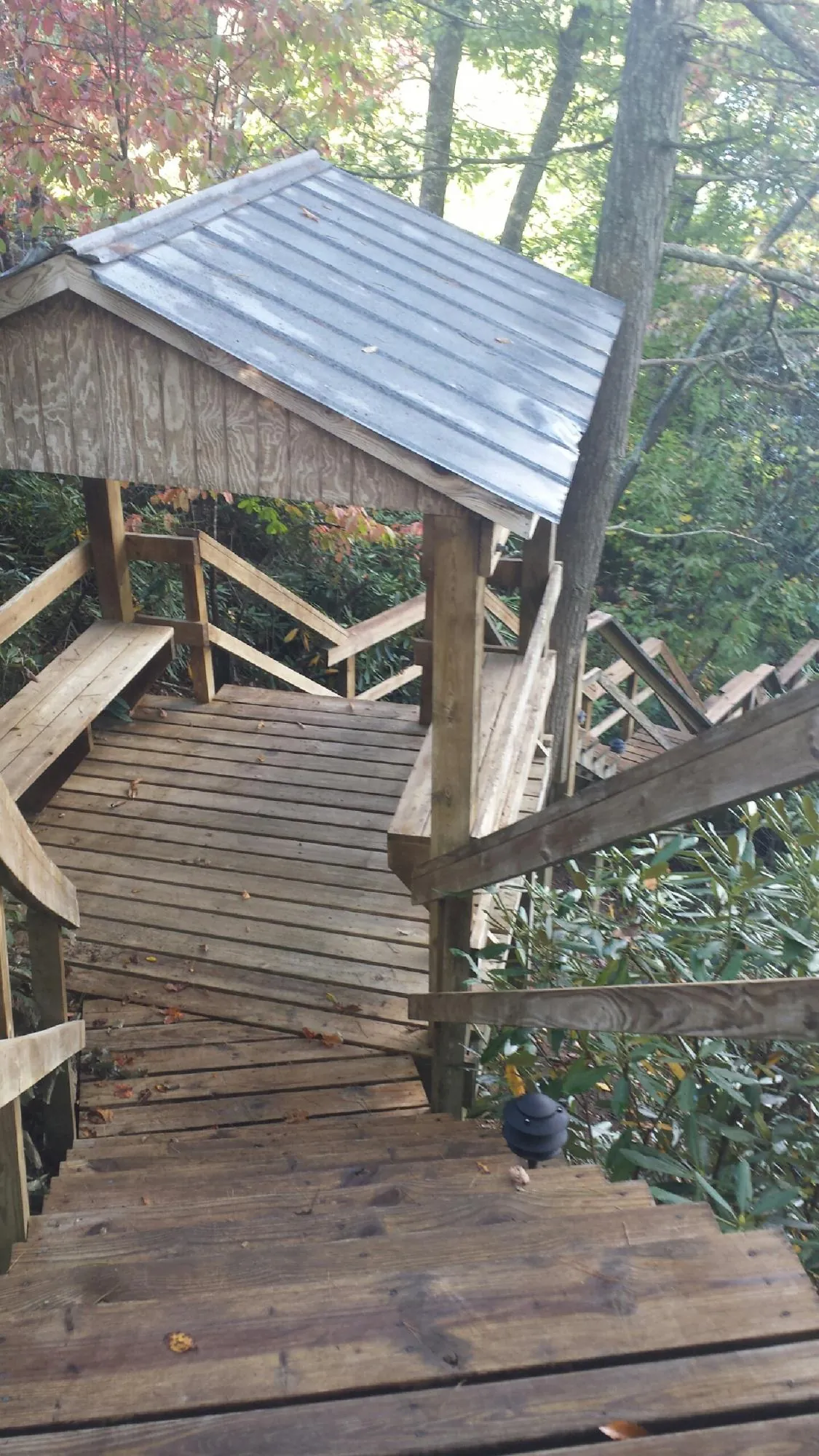 Metal roofed shelter over wooden steps on a wooded walkway — Skylight Repair & Installation work by our crew in Woodsville